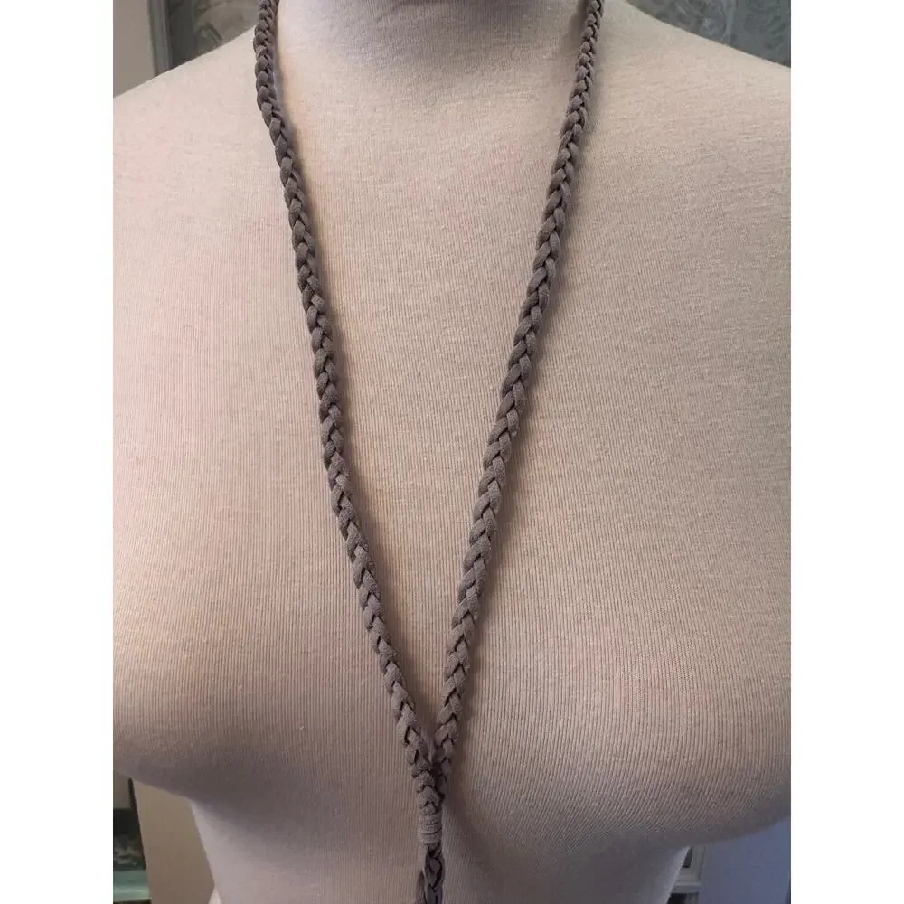 NEW Grey Braided Leather and Pearl Lariat Necklace